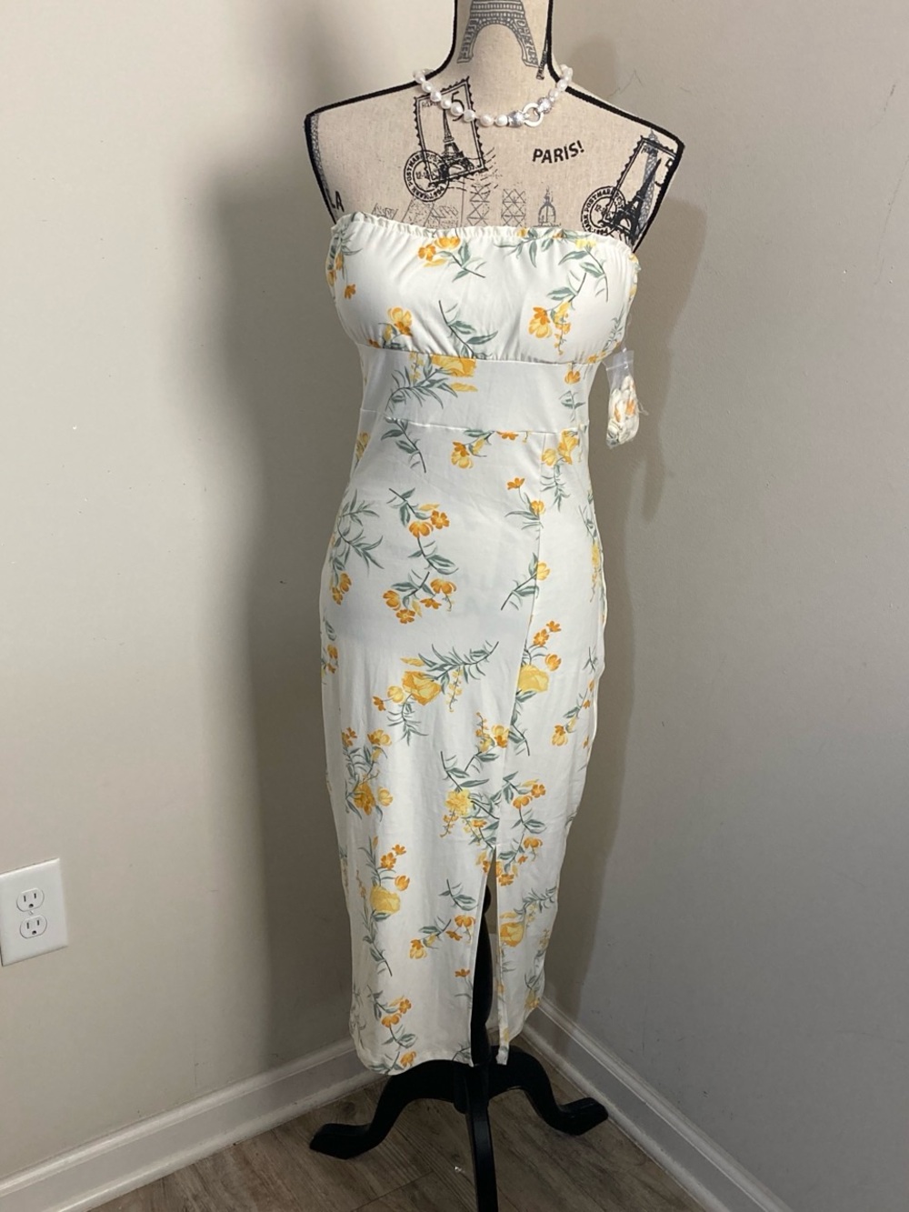 Derek Heart White Yellow Floral Strapless Midi Dress & Spaghetti Straps detached